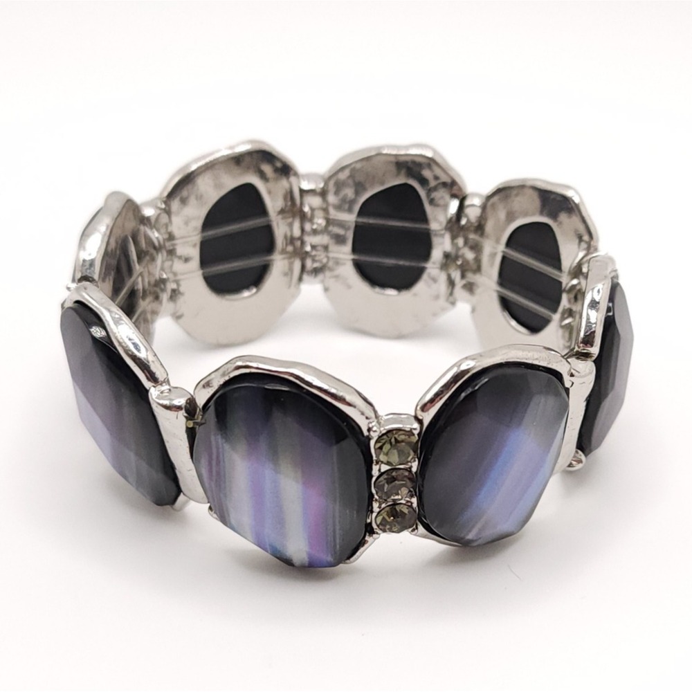 Silver Stretch Bracelet‎ Blue Purple Rhinestone Acrylic 7in